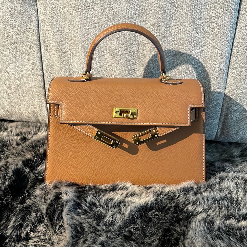 Classic Tan genuine Leather Top-Handle Crossbody Bag